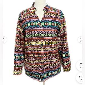 BFA bold embroidered multicolor geometric print blazer with silver buttons.‎